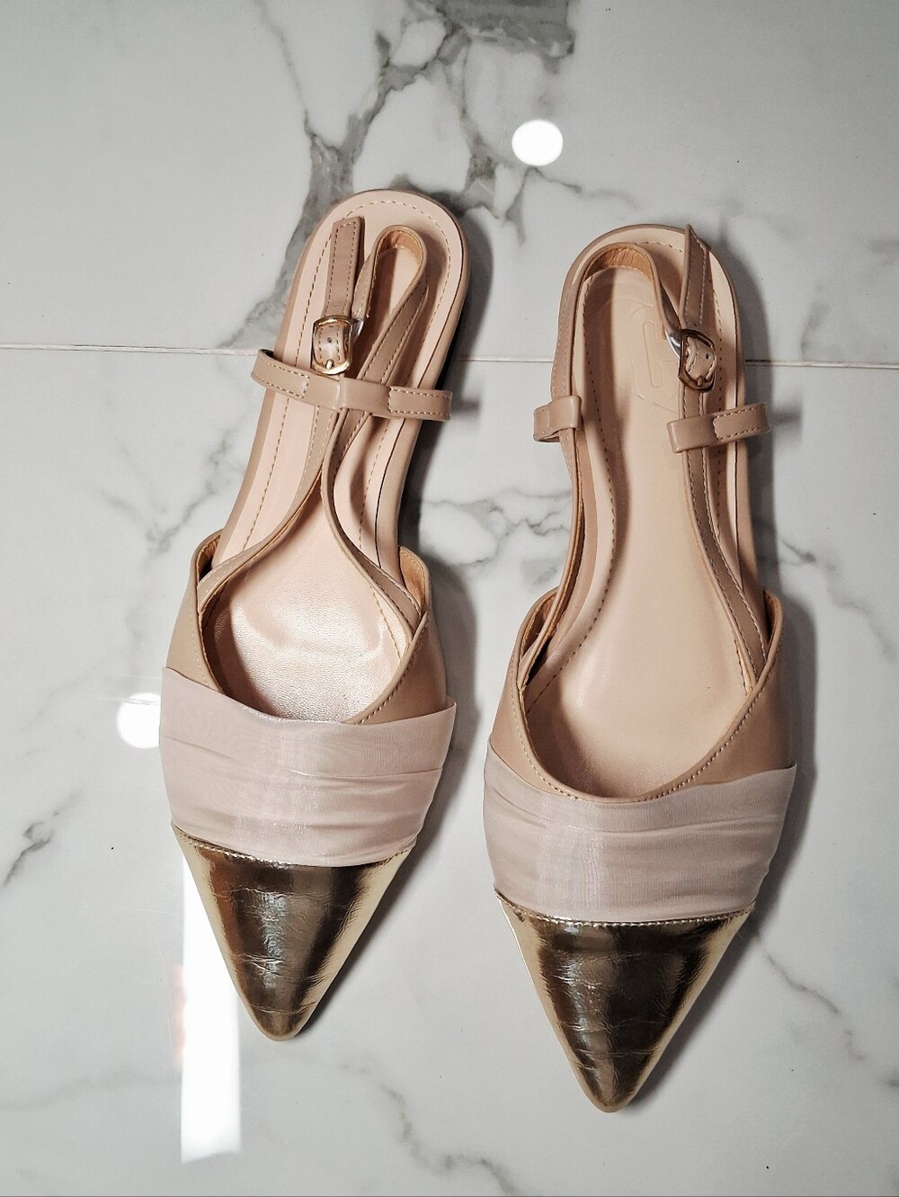 Cuccoo Beige Gold Faux Leather Satin Mesh Ballet Flats Sling Back Pointed Toe 9